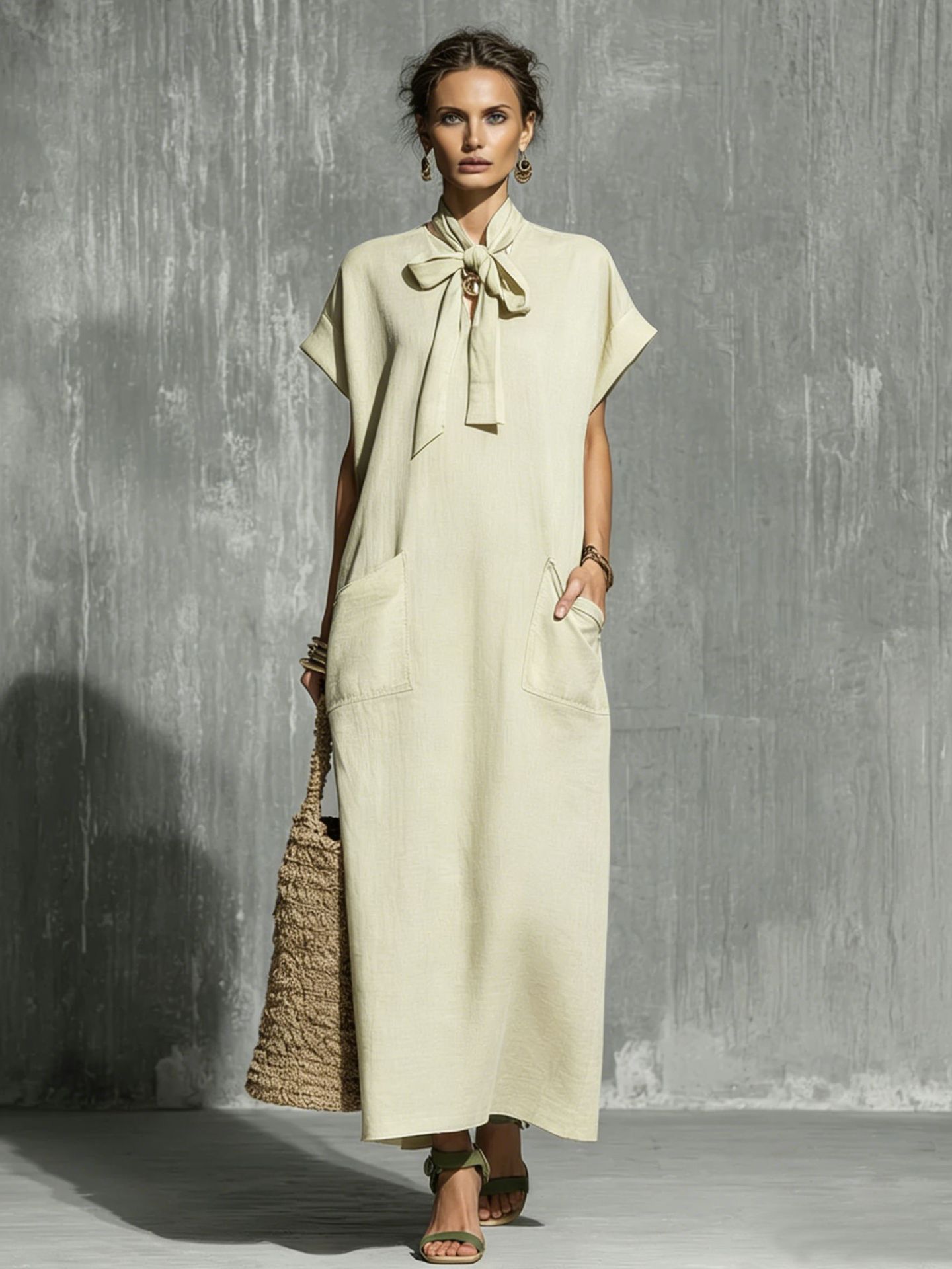 Military-green Cotton-linen Blend Tie-waist Short-sleeve Maxi Dress