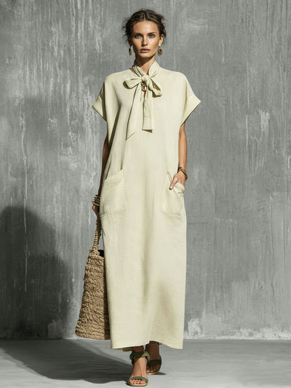Military-green Cotton-linen Blend Tie-waist Short-sleeve Maxi Dress