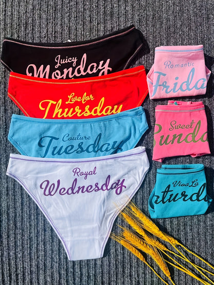 7 Pcs Letter Pint Bow Tie Briefs, Comfy & Breathable Mid-Rise Intimates Panties, Women's Lingerie & Underwear