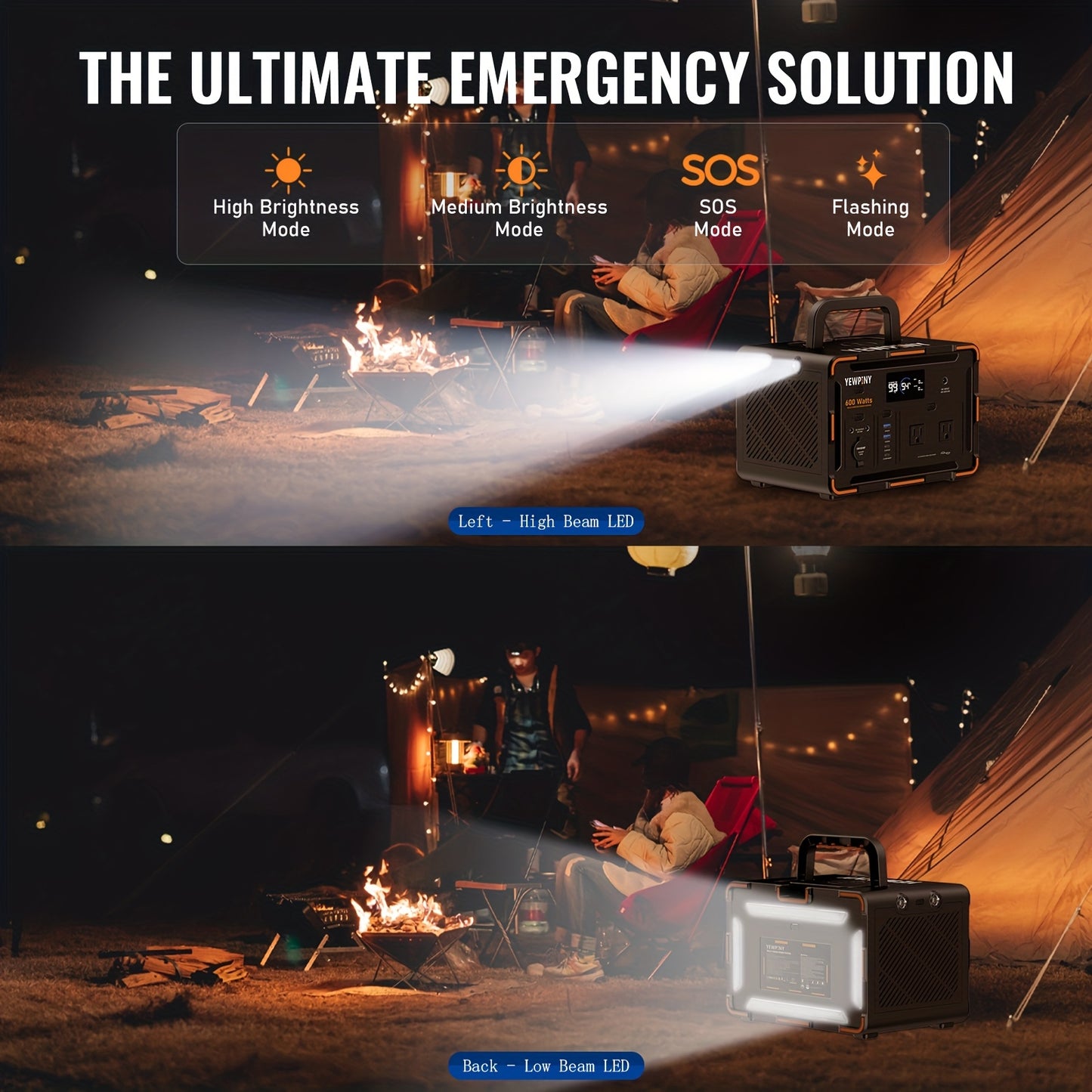 YEWPINY 600W Portable Power Station, 600W Fast Charging, 599.4Wh Lithium Battery Solar Generator AC Power Socket, DC Port, LED Lighting, PD And USB, A Total Of 9 Output Ports, Suitable for Home, Outdoor Travel, Camping And Po