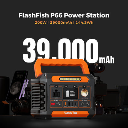 Flashfish P66A Portable Power Station 200W, Lightweight Li-ion Battery Pack with Multiple Adapters with AC/USB/DC Output, 144.3Wh Solar Generator for Camping, Home Emergency And Outdoor Travel