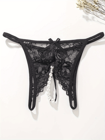 Sexy Floral Lace Thongs - Comfortable Women's Lingerie with Faux Pearl Detail, Open Crotch, and Elegant Design for a Confident You