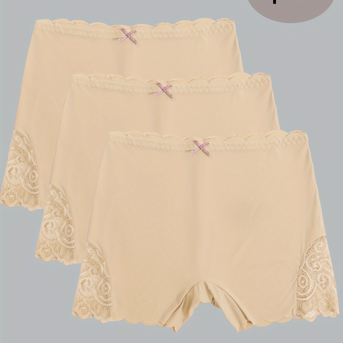3pcs Contrast Lace Boyshort Panties, Seamless Scallop Trim Bow Tie Panties, Women's Lingerie & Underwear