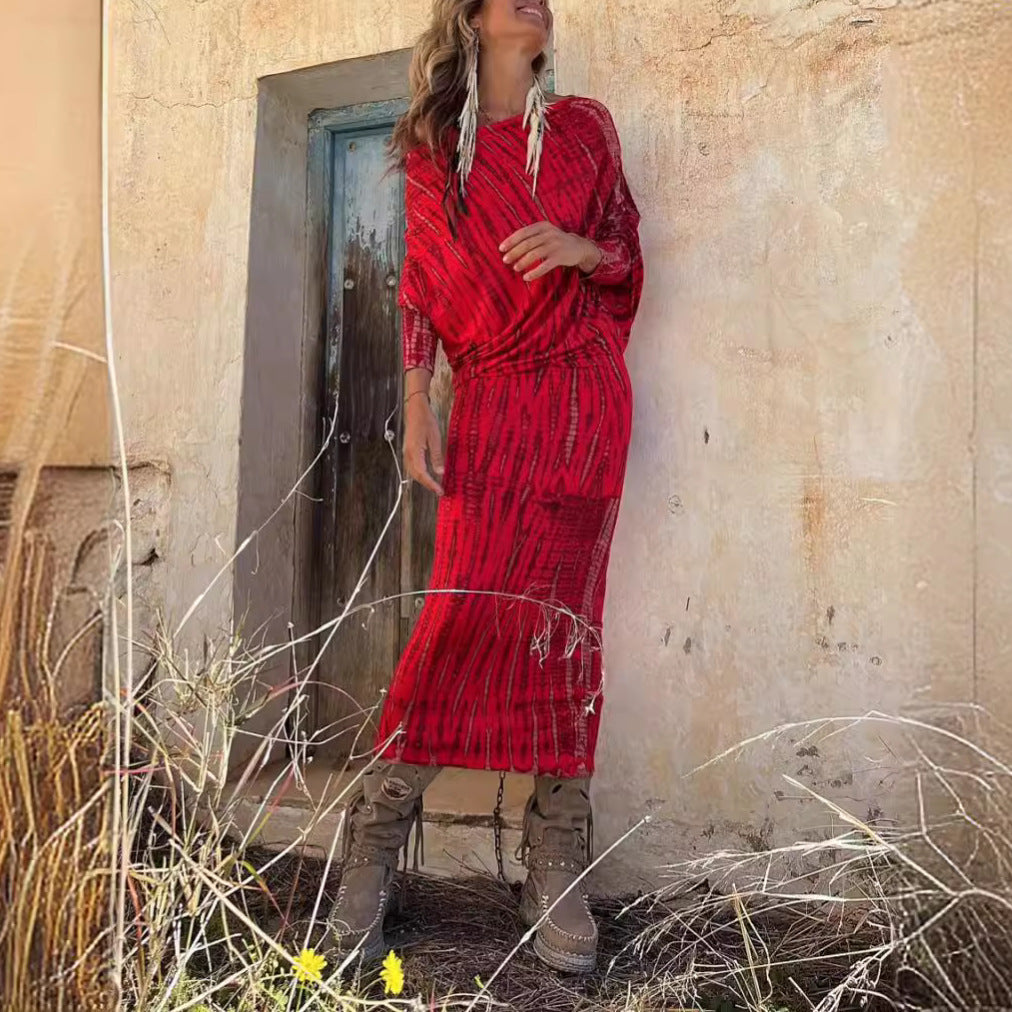 One Shoulder Batwing Sleeve Printed Long Dress