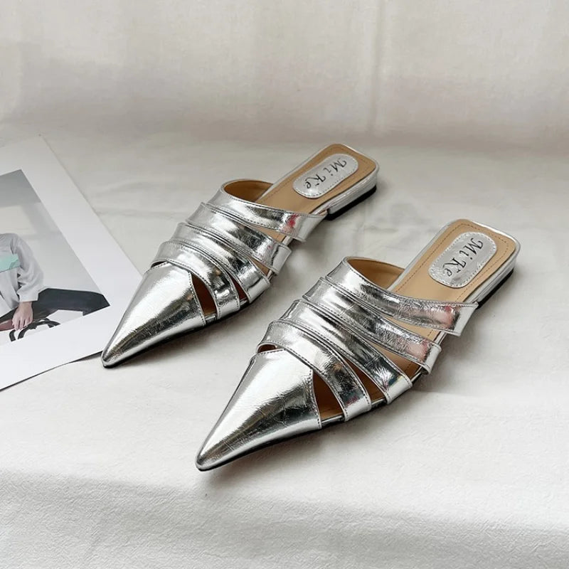 Pointed Toe Women Slides Slippers Black Gold Silver White Casual Outside Flat Slippers Hollow Dress Shoes Summer Slip On Pumps