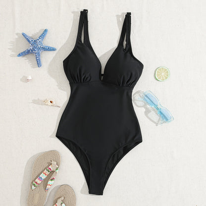 Solid Color Belted Slimming Sexy One-Piece Bikini Swimsuit for Women