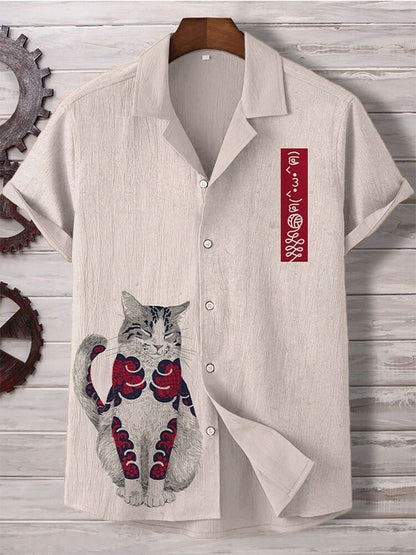 Comfortable Four-Way Stretch Wave-Print Short-Sleeve Cuban-Neck Shirt