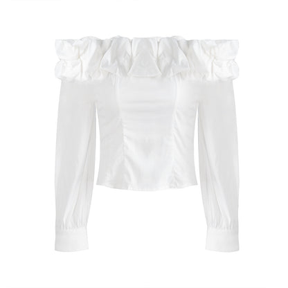 White Bud-collared Off-shoulder Blouse Top