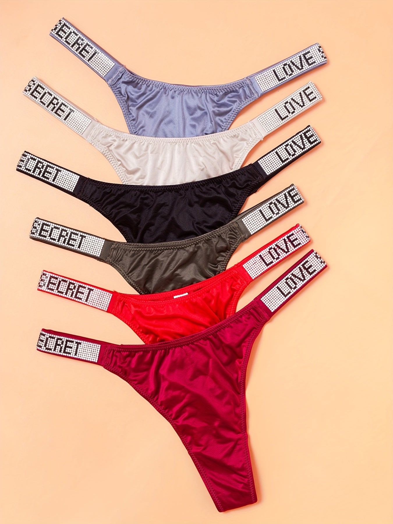 6pcs Rhinestone Letter Low Waist Stretchy Women's Sports Panties, Lingerie & Underwear