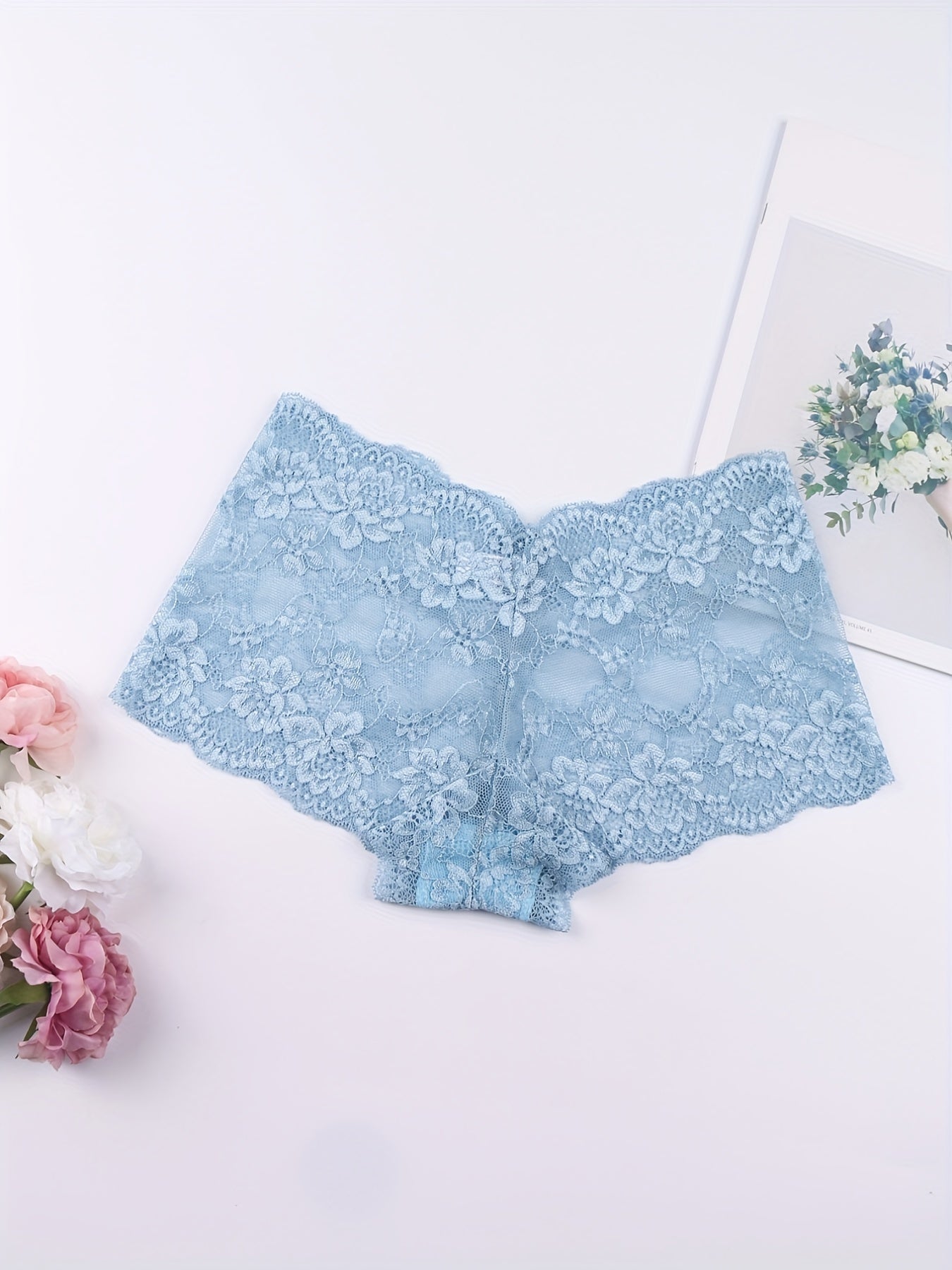 6pcs Floral Lace Boyshort Panties, Soft & Comfortable Scallop Trim Panties, Women's Lingerie & Underwear