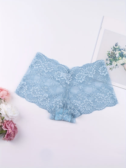 6pcs Floral Lace Boyshort Panties, Soft & Comfortable Scallop Trim Panties, Women's Lingerie & Underwear