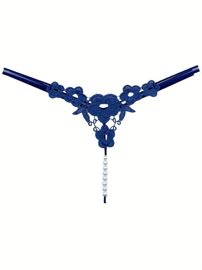 Floral Embroidery Thong, Hollow Out Faux Pearl Panties, Women's Sexy Lingerie & Underwear