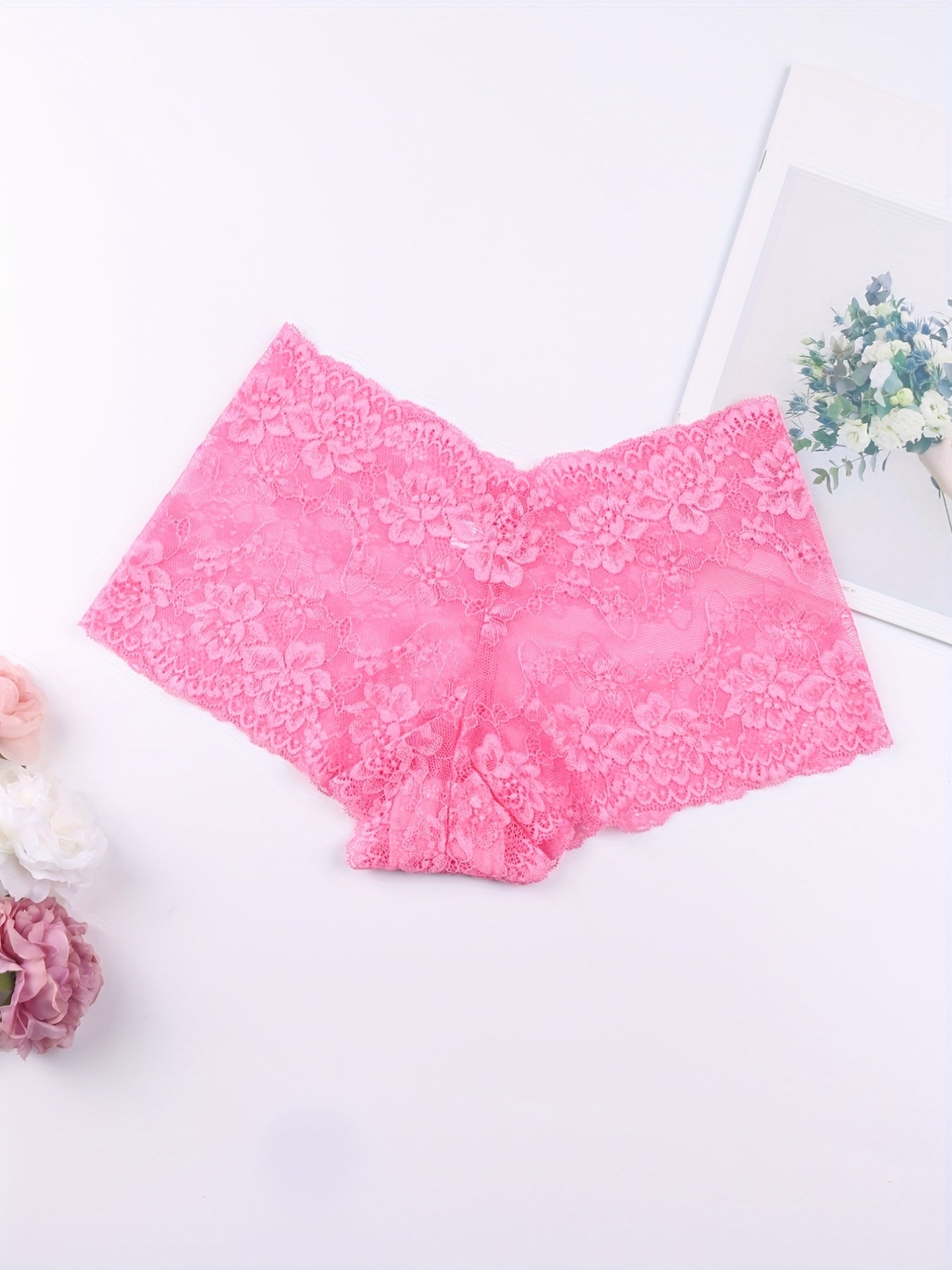 6pcs Floral Lace Boyshort Panties, Soft & Comfortable Scallop Trim Panties, Women's Lingerie & Underwear