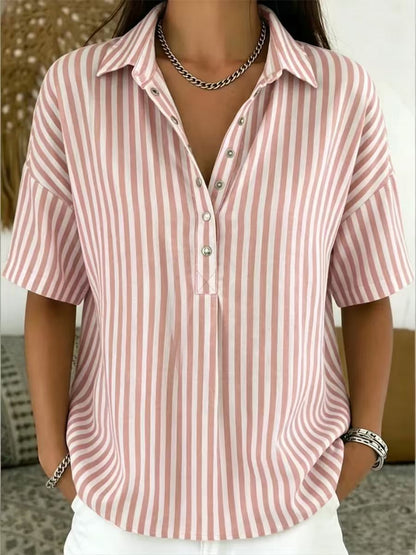 Women's Fashion Casual Striped Short-Sleeve Shirt With Lapel Collar