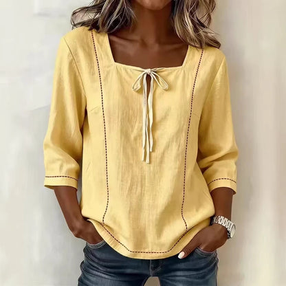 Printed Lace-Up Square-Neck Mid-Sleeve Womens Shirt