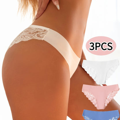 3Pcs Women's Sexy Lace Briefs Seamless Comfortable Panties Low-waist Underwear Ladies Intimate Plus Size Lingerie Exquisite Floral Set Bikini Briefs.