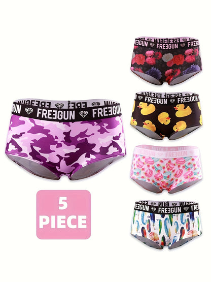 5pcs Soft & Comfortable Cartoon Print Boy Shorts - Women's Lingerie & Underwear with Cute Designs, Breathable Fabric, and Relaxing Fit for Everyday Wear