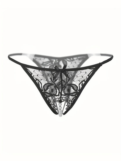 Sexy Floral Lace Thongs - Comfortable Women's Lingerie with Faux Pearl Detail, Open Crotch, and Elegant Design for a Confident You