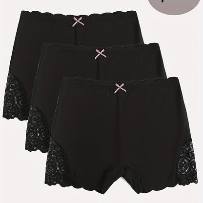 3pcs Contrast Lace Boyshort Panties, Seamless Scallop Trim Bow Tie Panties, Women's Lingerie & Underwear