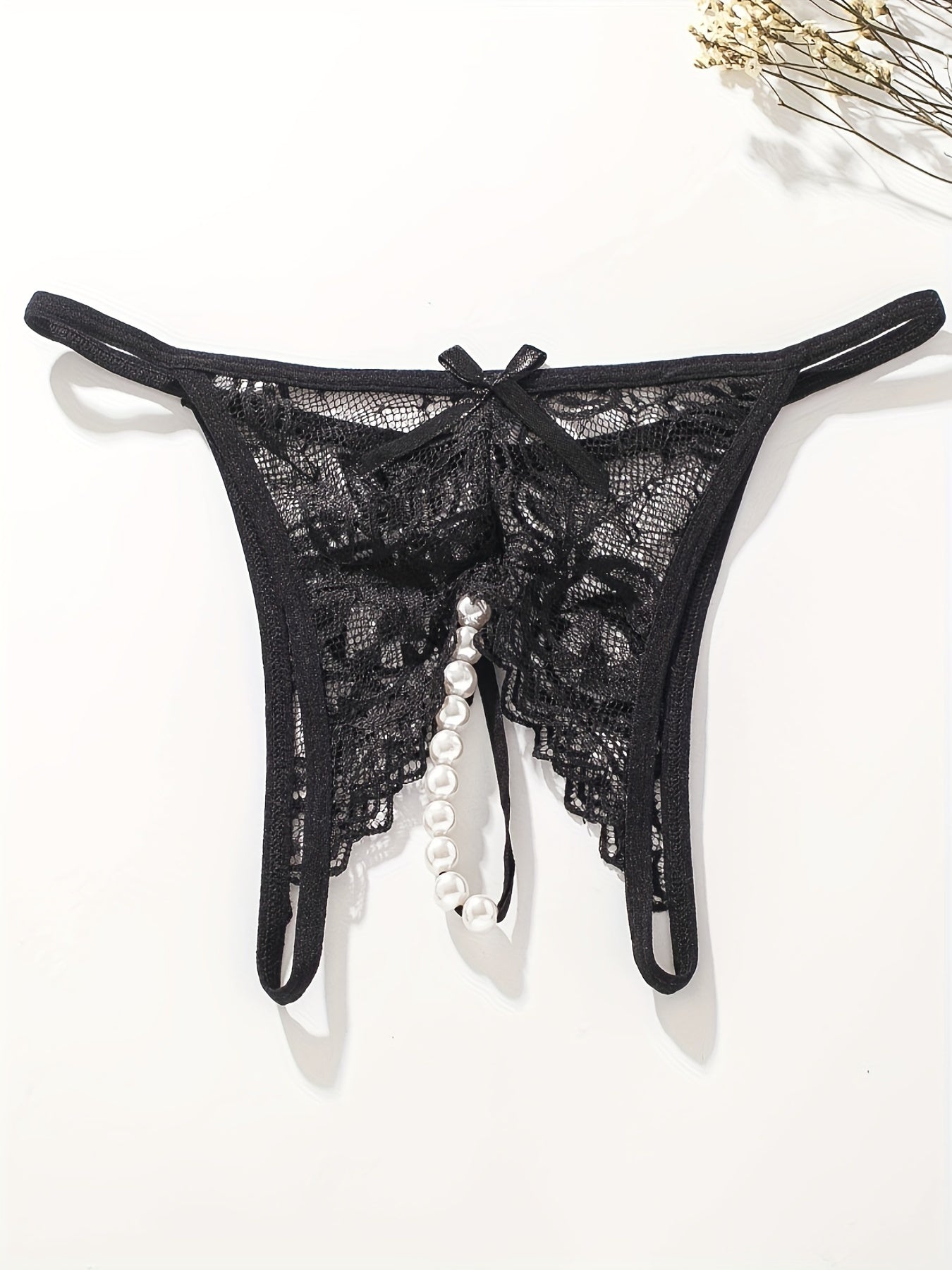 Sexy Floral Lace Thongs - Comfortable Women's Lingerie with Faux Pearl Detail, Open Crotch, and Elegant Design for a Confident You