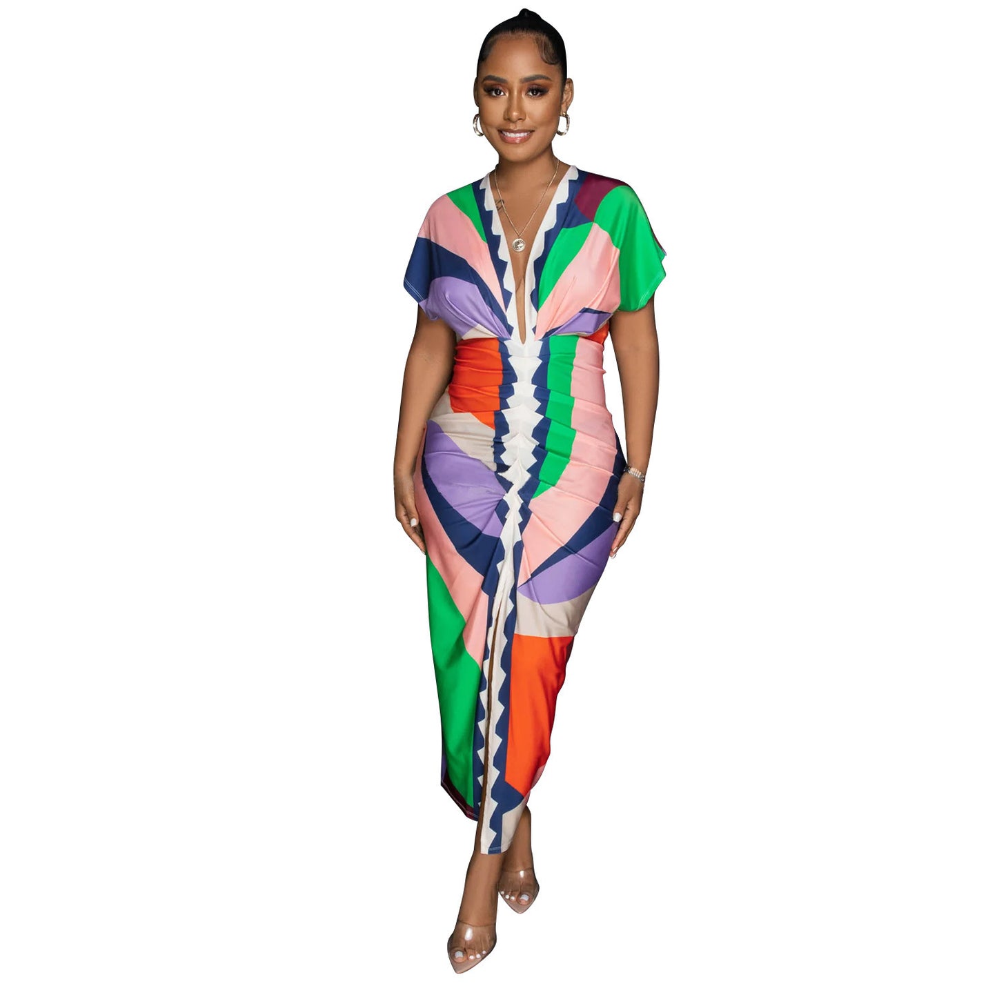 Fashion Women's V-neck Printed Pleated Split Long Dress