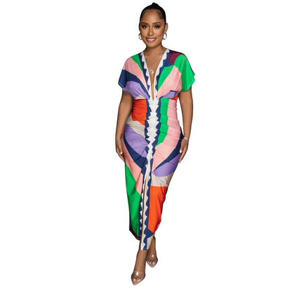 Fashion Women's V-neck Printed Pleated Split Long Dress