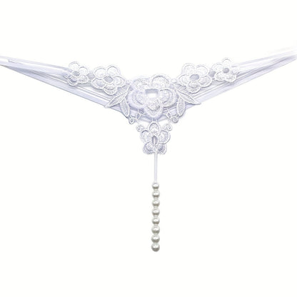 Floral Embroidery Thong, Hollow Out Faux Pearl Panties, Women's Sexy Lingerie & Underwear
