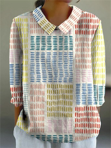 European And American Style Long-Sleeve Chinese-Style Bamboo-Stripe Linen Lapel Printed Fashionable All-Match Shirt