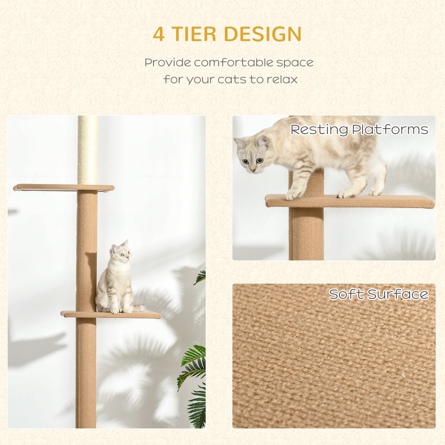 Floor-to-Ceiling Cat Tree Cat Climbing Tower with Sisal-Covered Scratching Posts Natural Cat Tree Activity Center for Kittens Cat Tower Furniture, Light brown