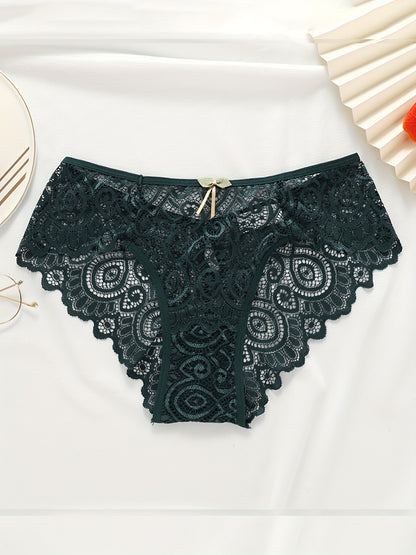 5pcs Floral Lace Bow Tie Briefs, Sexy Cut Out Scallop Trim Panties, Women's Lingerie & Underwear