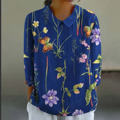 European And American Style Long-Sleeve Chinese-Style Bamboo-Stripe Linen Lapel Printed Fashionable All-Match Shirt
