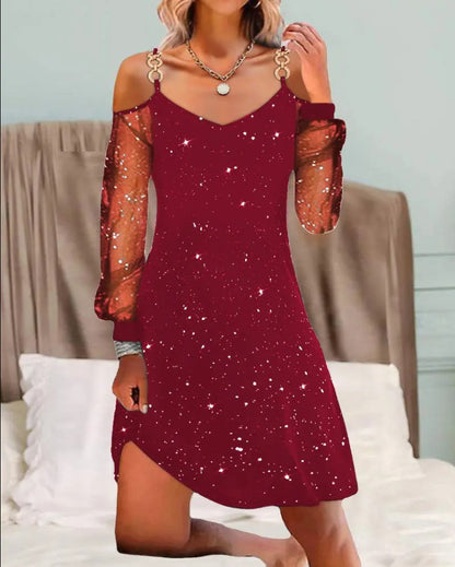 Mesh Dress With Geometric Print And Patchwork Design