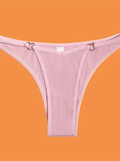 5pcs Solid Ribbed Panties, Soft & Comfy Heart Ring Linked Panties, Women's Lingerie & Underwear