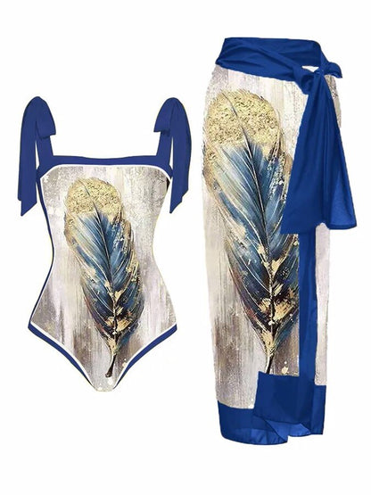 New Swimwear Set Multicolor Printed Chiffon Long Skirt One-Piece Sunscreen Swimsuit Beachwear Cover Up Bikini Bathing Suits