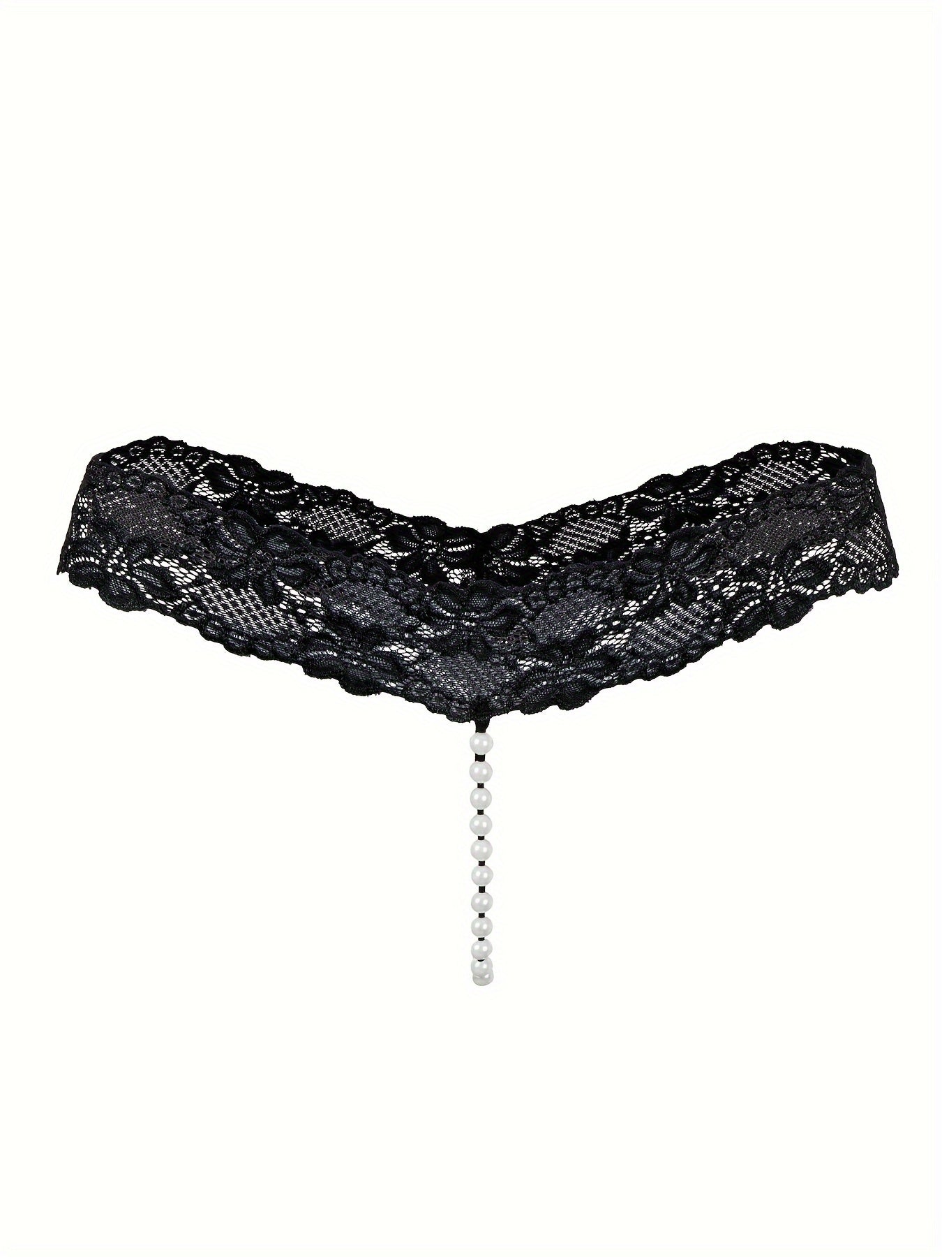4 Pcs Seductive Lace Thongs - Sultry Low-Rise, Daring Open Crotch, Ultra-Sheer G-String with Delicate Pendant Pearl Accent - Designed for Women, Exquisite Sexy Lingerie and Intimate Underwear