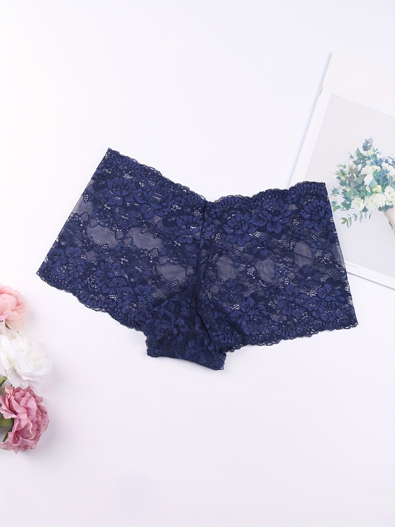 6pcs Floral Lace Boyshort Panties, Soft & Comfortable Scallop Trim Panties, Women's Lingerie & Underwear