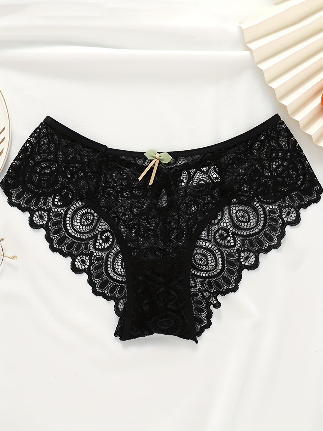 5pcs Floral Lace Bow Tie Briefs, Sexy Cut Out Scallop Trim Panties, Women's Lingerie & Underwear