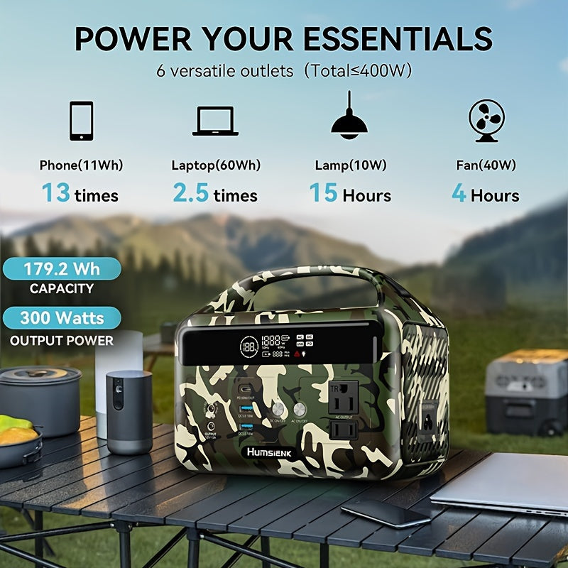 HumSienk 300W Portable Power Station - Fast Charging, 179.2Wh/56000mAh LiFePO4 Battery, 3 Input/6 Output Ports, 110V Pure Sine Wave, 2 AC Outlets, Solar Generator For Camping And Outdoor Activities.