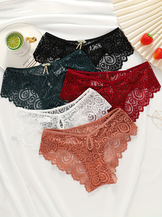 5pcs Floral Lace Bow Tie Briefs, Sexy Cut Out Scallop Trim Panties, Women's Lingerie & Underwear