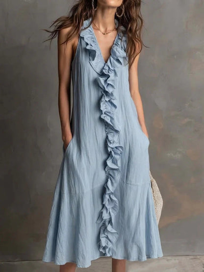 Solid-color Sleeveless Cotton-Linen V-Neck Maxi Dress With Ruffled Hem