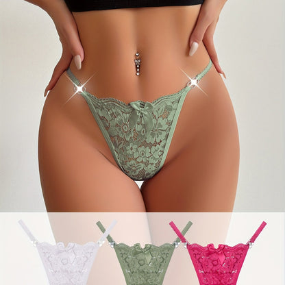 3pcs Floral Lace Bow Thongs, Semi-sheer Ring Linked Panties, Women's Lingerie & Underwear
