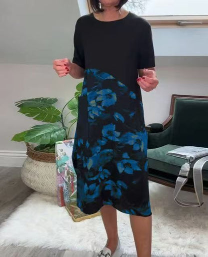 European And American Style Fashionable Patchwork Printed Crew-Neck Midi Dress