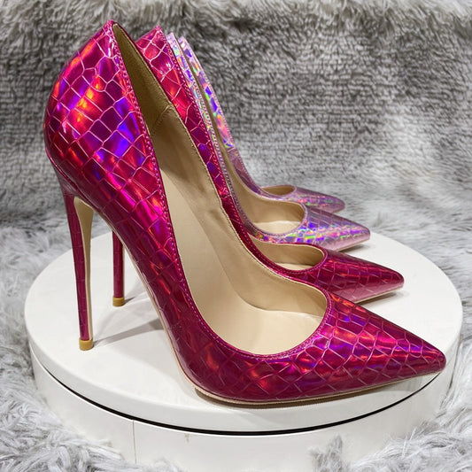 Tikicup Rose Laser Crocodile Effect Women Pointy Toe High Heel Party Dress Shoes Sexy Ladies Shiny Stiletto Pumps 8cm 10cm 12cm