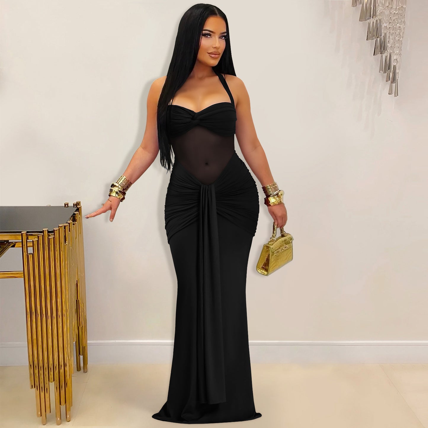 Fashion Women's Sexy Sheer Mesh Halter Tie-Back Dress