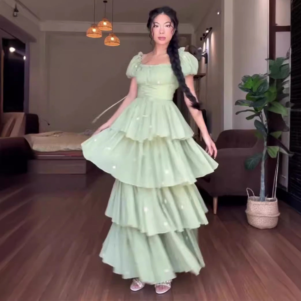 Mesh waist cinching fluffy dress cake dress