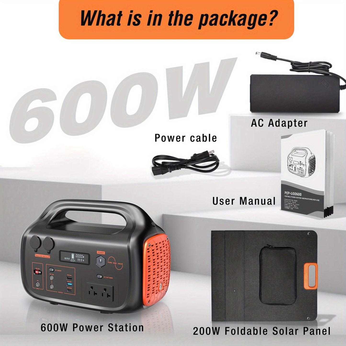 647Wh Solar Generator 600W with 200W Solar Panel - Portable Power Station, 120V Pure Sine Wave AC Outlet & 60W USB-C PD Fast, Lithium Battery Backup for Camping, RV, Home, Emergencies - Peak 1200W ()