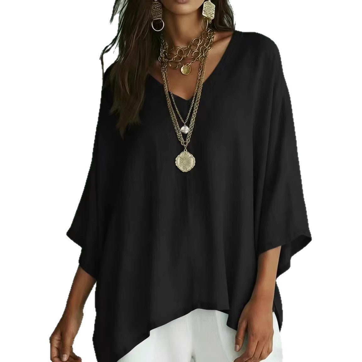 Womens Loose Solid-Colored Top Casual Comfortable All-Match T-Shirt
