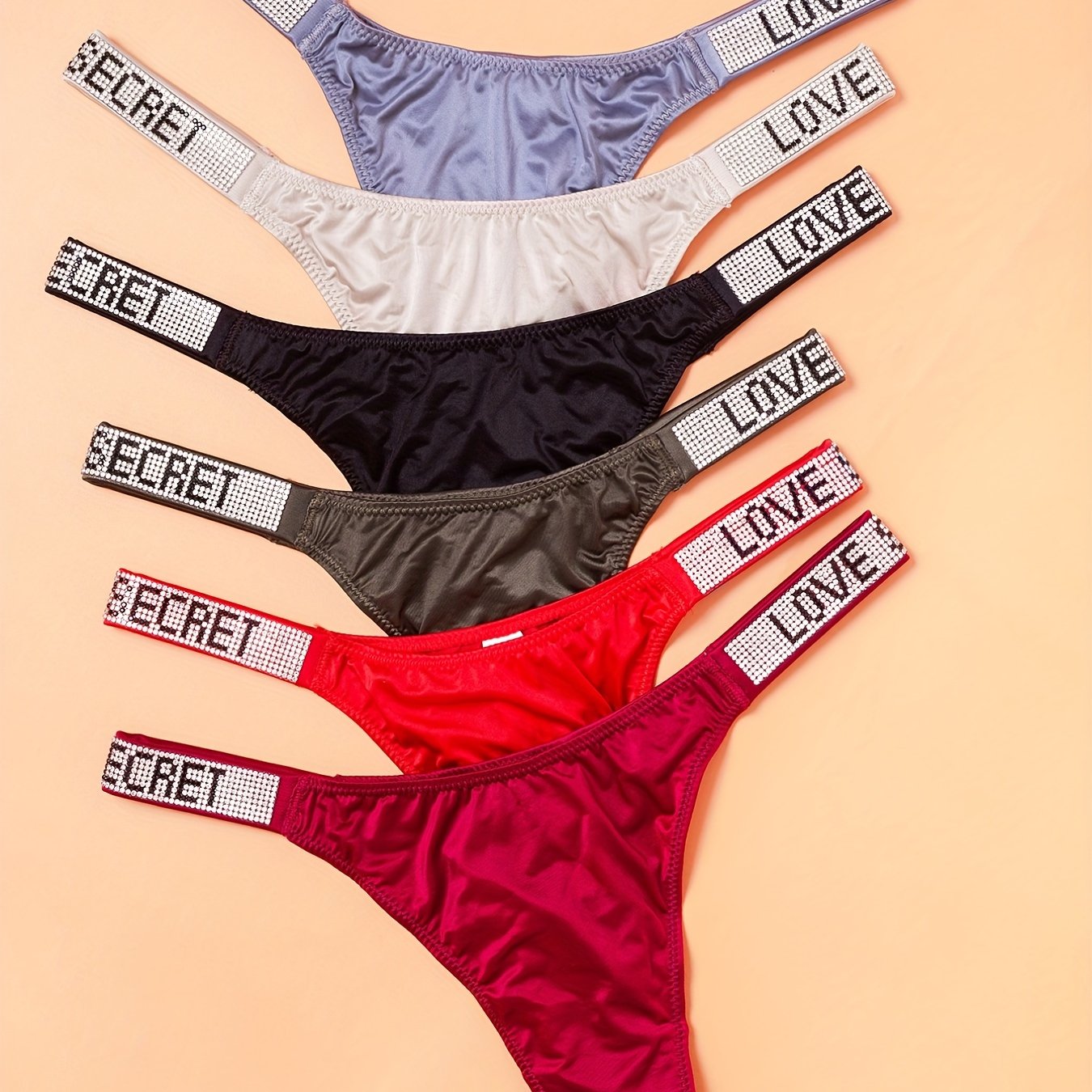 6pcs Rhinestone Letter Low Waist Stretchy Women's Sports Panties, Lingerie & Underwear