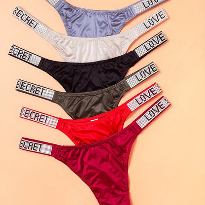 6pcs Rhinestone Letter Low Waist Stretchy Women's Sports Panties, Lingerie & Underwear