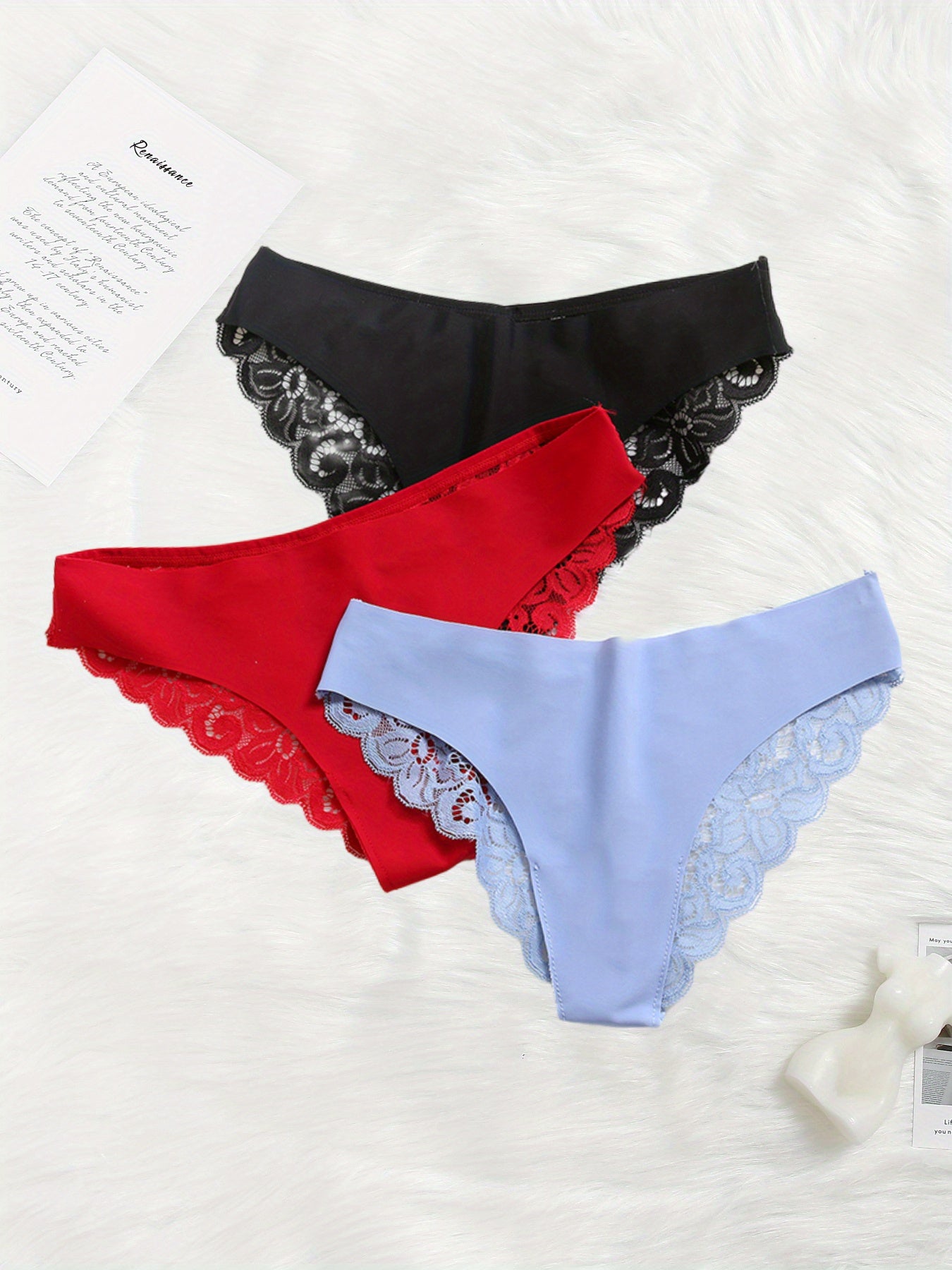 6pcs Contrast Lace Briefs, Comfy & Seamless Scallop Trim Intimates Panties, Women's Lingerie & Underwear